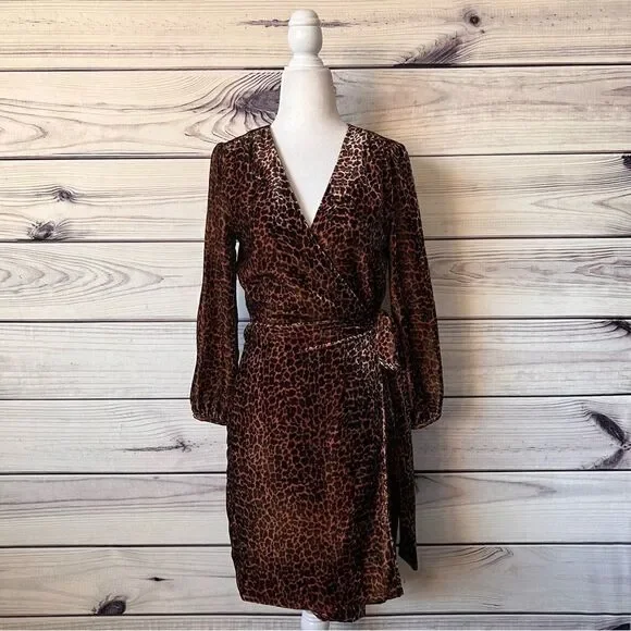 J.Crew Brown Leopard Print Velvet Wrap Dress - Picture 2 of 12